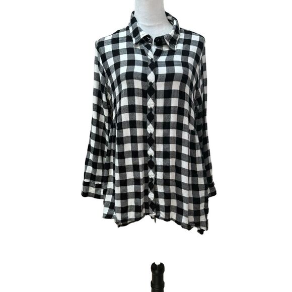 Buffalo Plaid Black White Button Down Long Sleeve Shirt Dress‎ - Picture 1 of 8